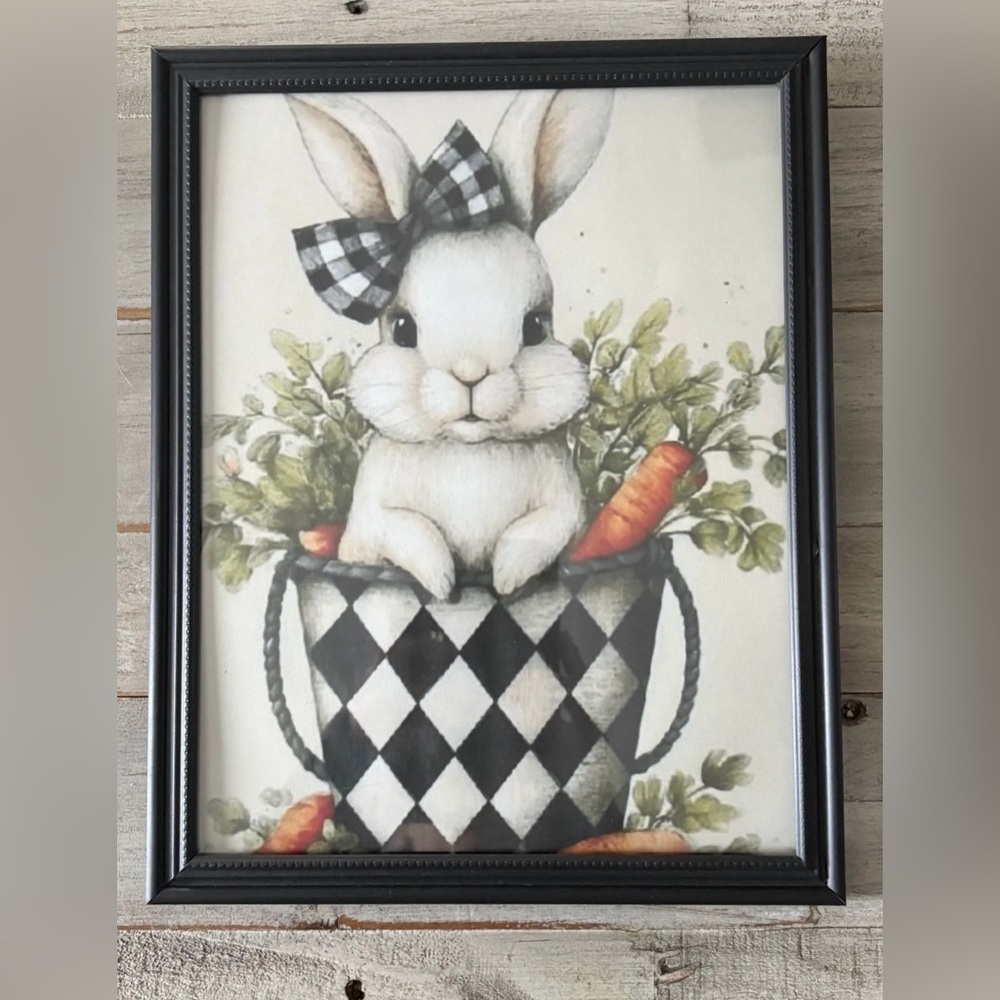 Cute bunny framed art black frame plaid bow